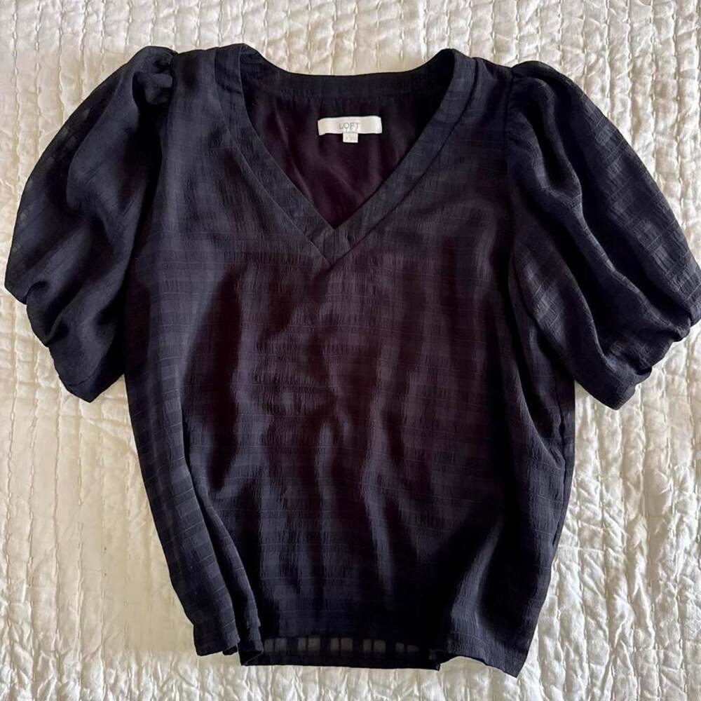 Loft textured black short puff sleeve blouse goth minimalist M